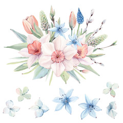 Fototapeta na wymiar Watercolor flowers set in vintage style.
