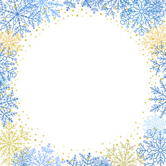Winter vector frame with blue and yellow arabesques and snowflakes. Fine greeting card. Pattern with snowflakes