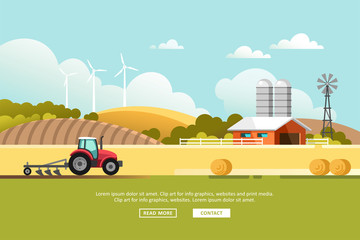 Agriculture and Farming. Agribusiness. Rural landscape. Design elements for info graphic, websites and print media. Vector illustration. - obrazy, fototapety, plakaty