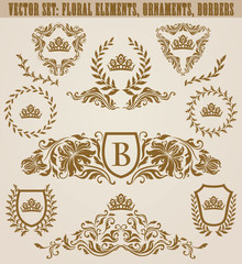 Set of golden monograms with floral elements for page, web design. Filigree royal shields, old frames, borders in vintage style for label, emblem, badge, logo, wedding card, invitation. Illustration.
