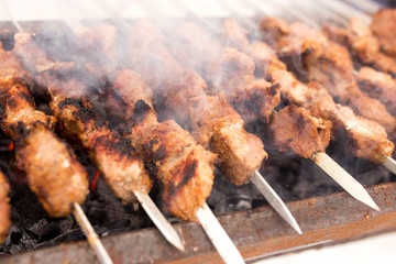Shish kebab fry on the grill in winter
