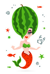 Beautiful mermaid. Tasty watermelon