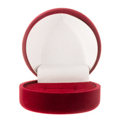 Round red velvet box for jewelry isolated on white background front view