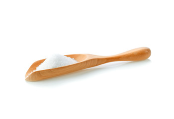 sugar in wood scoop on white background