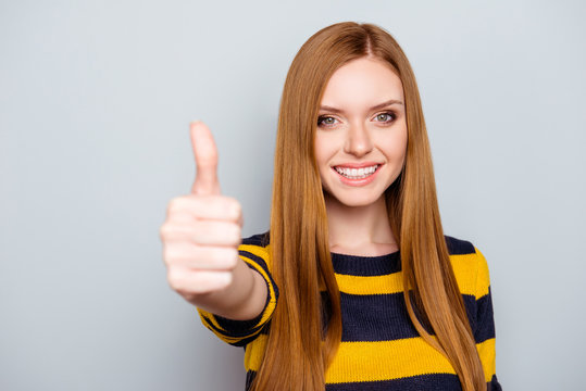 Development improvement idea win victory people positive concept. Portrait of cute beautiful lovely long redheaded with toothy beaming smile manager making thumb-up isolated on gray background