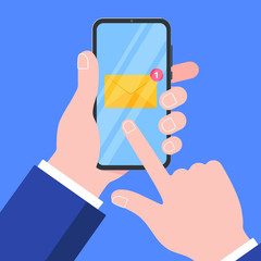Hand holding black mobile phone isolated on blue background. Smartphone in human's hand with new message, closed envelope and index finger pointer touch the screen flat design vector illustration.
