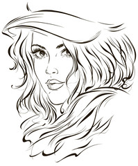 Graphic portrait of a fashion girl in a hat and scarf. Vector illustration