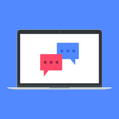Modern device - laptop, computer or netbook pc flat design with chat bubbles on the screen icon vector illustration. No keybord technology concept of chatting on screen isolated on blue background