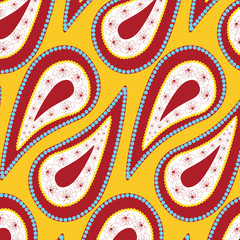 Ornamental vector pattern illustration with floral elements in gold, red, white and blue colors palette