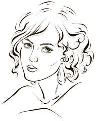 Graphic portrait of a young fashion girl with beautiful wavy hair. Vector illustration