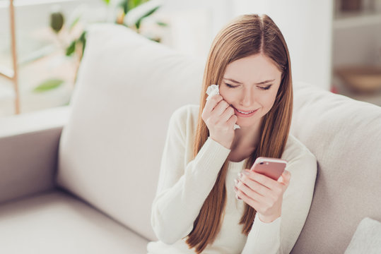 Parting Ex-boyfriend Sit People Modern Technology Concept. Close Up Portrait Of Upset Troubled Frustrated Depressed Sad Unhappy Beautiful Tragic Woman With Straight Hairdo Typing Sms To Ex-boyfriend