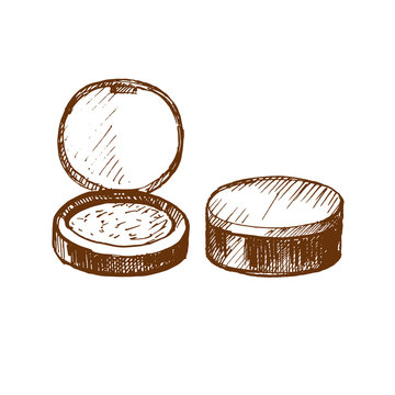 Hand drawn face cosmetic make-up powder in round plastic case. Sketched mock-up of cosmetic package.