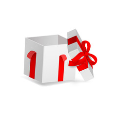 Vector cartoon open present gift box white wrapping red elegant ribbon bow. Birthday anniversary party new year christmas valentine xmas holiday decoration invatation greeting card design illustration