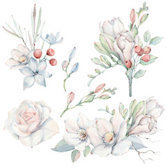 Handpainted watercolor flowers set in vintage style.