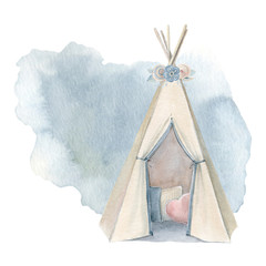 Watercolor childhood clipart. Kids wigwam in boho style. © Lemaris