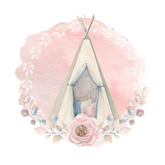 Watercolor childhood clipart. Kids wigwam in boho style. © Lemaris