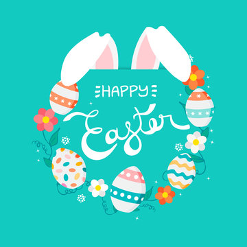 Happy Easter greeting card with spring elements