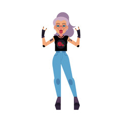 Old, grey haired female rock musician, singer with tattoos and put out tongue, cartoon vector illustration isolated on white background. Full length front view portrait of old woman - rock musician