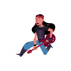 Old rock musician, guitar player jumping happily on stage, cartoon vector illustration isolated on white background. Full length portrait of old rock musician jumping on stage with electric guitar