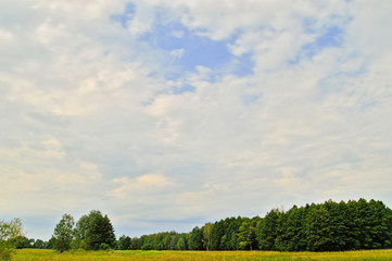 Fototapeta na wymiar Białe chmury na błękitnym niebie ponad zielonymi polami i lasem w słoneczny dzień.