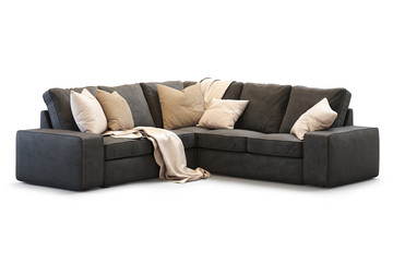 Modern textile Ikea Kivik sofa with gold pillows. 3d render