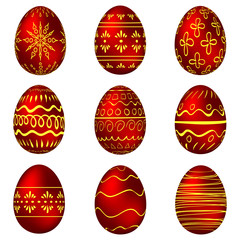 A set of red Easter eggs with patterns
