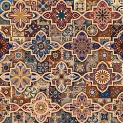 Wzór z ozdobnymi mandalami. Elementy Vintage mandali. Kolorowy patchwork. - 196168397