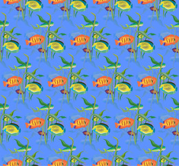 Fototapeta na wymiar Seamless repeating pattern from a variety of fish and algae