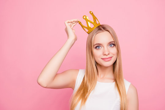 Close up portrait of sweet lovely attractive chic classy luxurious stunning gorgeous dreamy delightful excited cheerful queen of beauty putting crown on head isolated on background copy-space