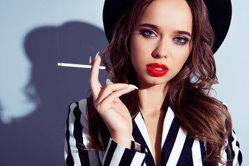 Close up portrait of elegant graceful stunning sexy flirty coquettish gorgeous lady with blue eyes...