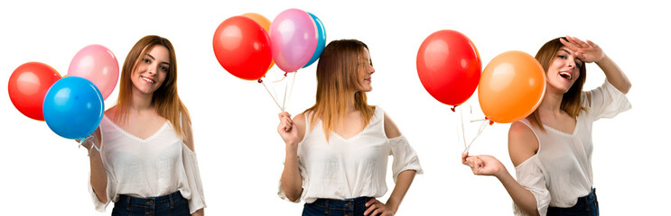 Set of Beautiful young girl holding a balloon and looking lateral and front