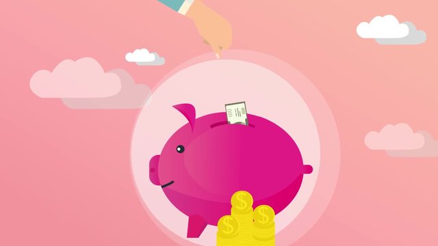 Save money vector concept flat design animation. man hand putting cash into money box video. Pig money box. -stock footage