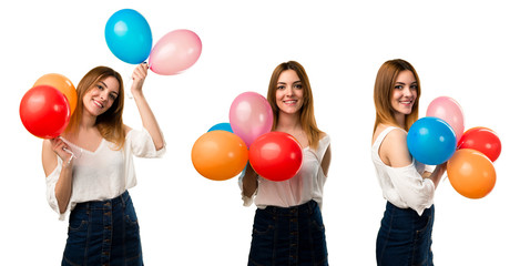 Set of Happy beautiful young girl holding a balloon
