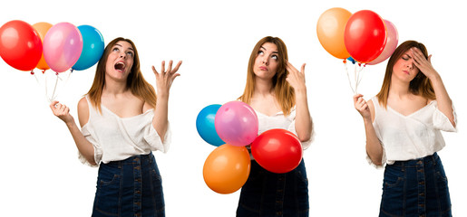 Set of Frustrated beautiful young girl holding a balloon
