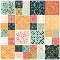 Patchwork design. Colorful square tiles, floral ornaments. For wallpaper print, pattern fills, web background, surface textures
