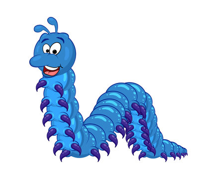 blue cartoon millipede character isolated on white background