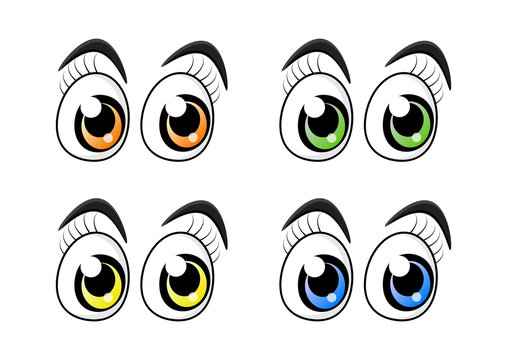 cartoon character eyes with eyelashes set isolated on white background