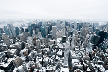 New York City Manhattan midtown aerial panorama view with skyscrapers in cold winter day