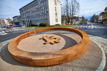 KRANJ, SLOVENIA - MARCH 13, 2018:  First blockchain - Bitcoin - monument in the world