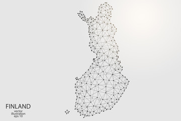 A map of Finland consisting of 3D triangles, lines, points, and connections. Vector illustration of the EPS 10.