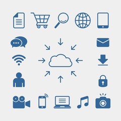 Cloud computing flat vector icons set. Grocery cart, magnifier, globe, book, email, lock, camera, photography, music, laptop, smartphone, camcorder, user, wifi, chat flat vector icons