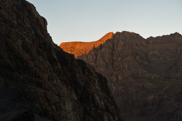 Mountain peaks of High Atlas mountains at surise in Toubkal national park, Morocco, North Africa