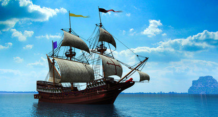 3 d rendering of Spanish galleon on a calm sea - obrazy, fototapety, plakaty