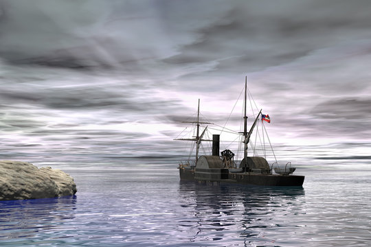 CSS Patrick Henry civil war ship on calm sea. 3D render