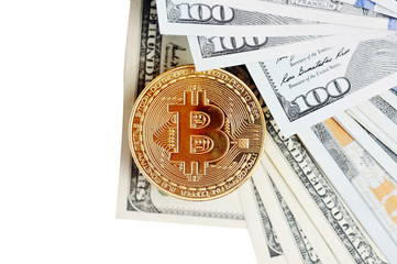 Bitcoin is a gold coin on dollar bills. Financial concept with space for your text