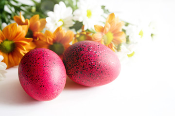 Obraz na płótnie Canvas Red Easter eggs and flowers of a chrysanthemum on a white background, soft focus