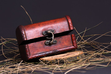 Old vintage decorativ chest made by wood on dark background, with dried grass