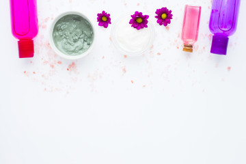 Spa and natural cosmetic concept. Composition of spa treatment for beauty and skincare on the white background. Top view. Close up.