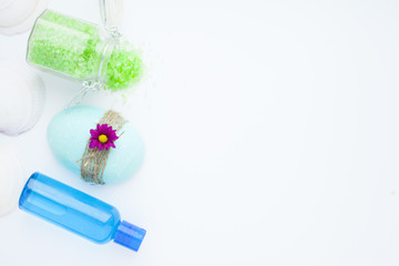 Spa and natural cosmetic concept. Composition of spa treatment for beauty and skincare on the white background. Top view. Close up.