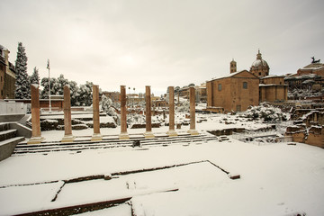 Colosseum and Fori imperiali, snow in Rome 